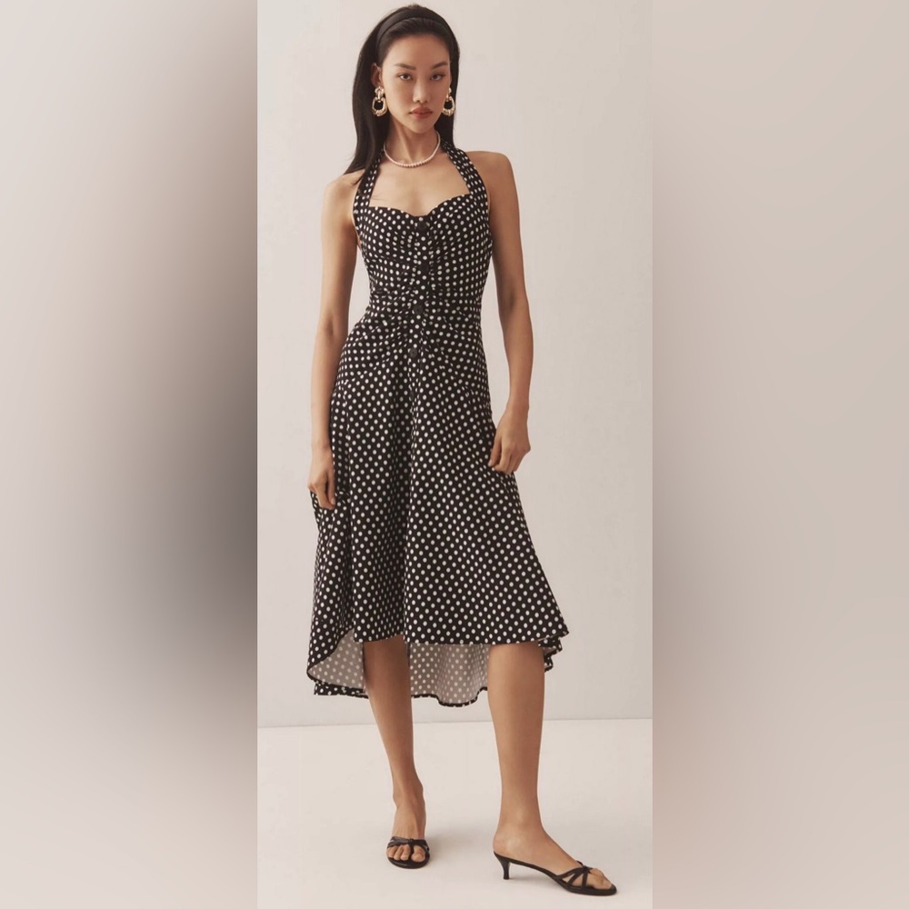 Maeve Halter Ruched Polka Dot Halter Midi Dress